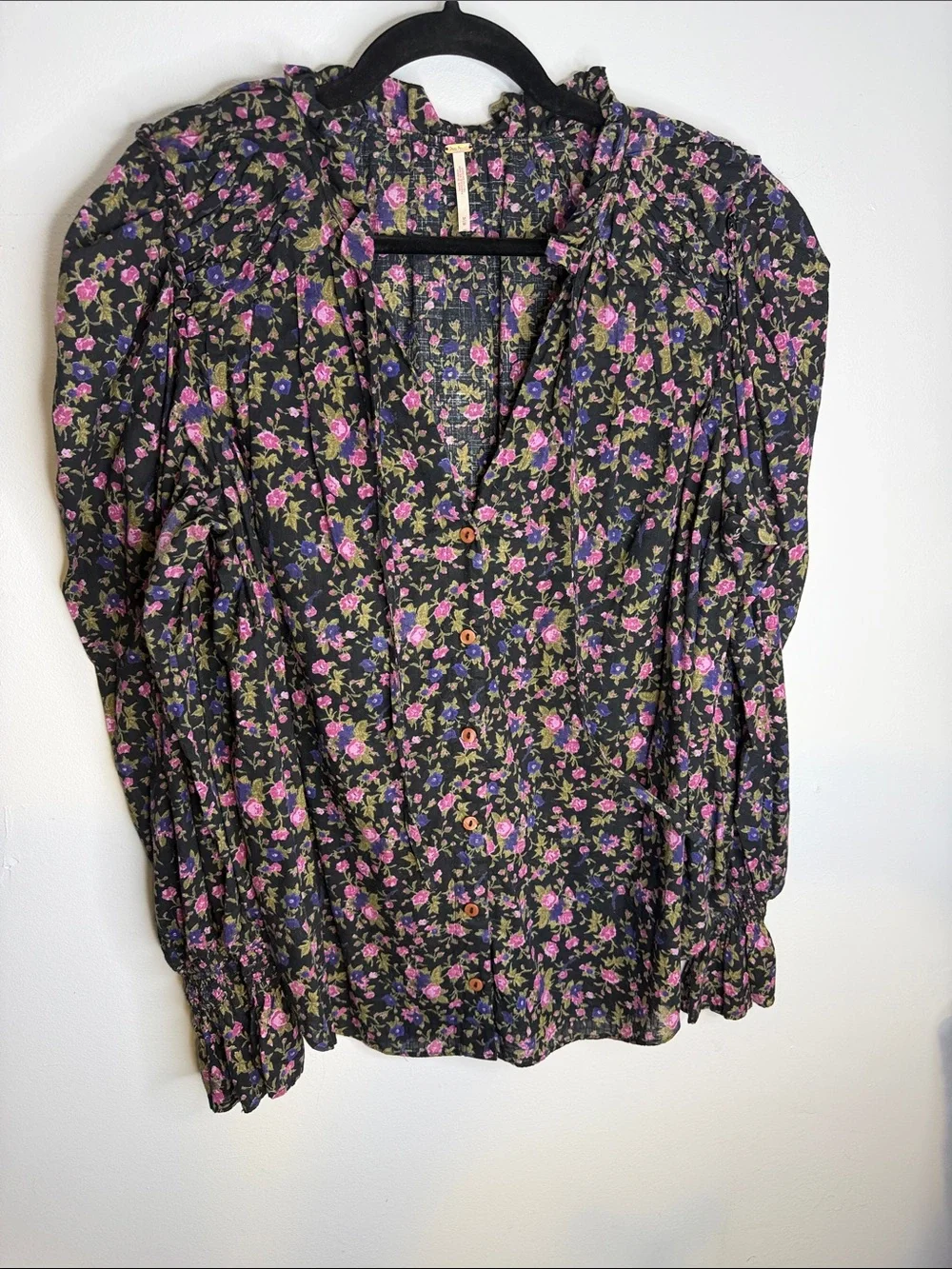 Free People Floral Ruffle Neck Long-Sleeve Blouse - Black with Purple Floral